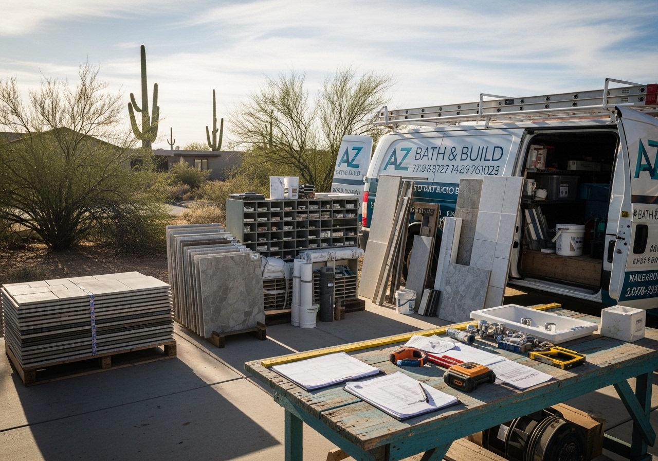 Residential construction crew with tools and materials on a job site, ready for remodeling work.