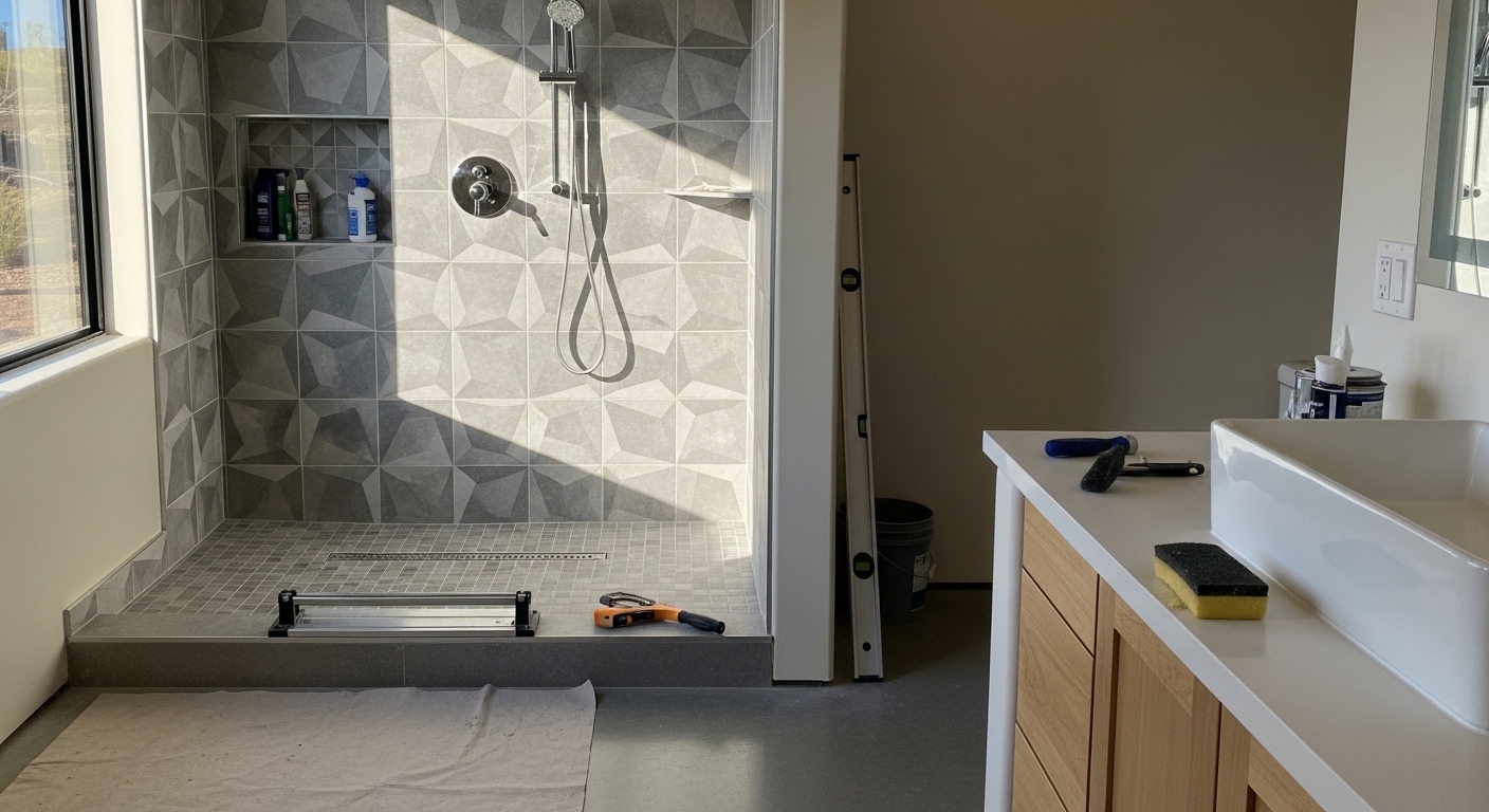 Bathroom remodeling project showing updated fixtures and tile work in Tucson home