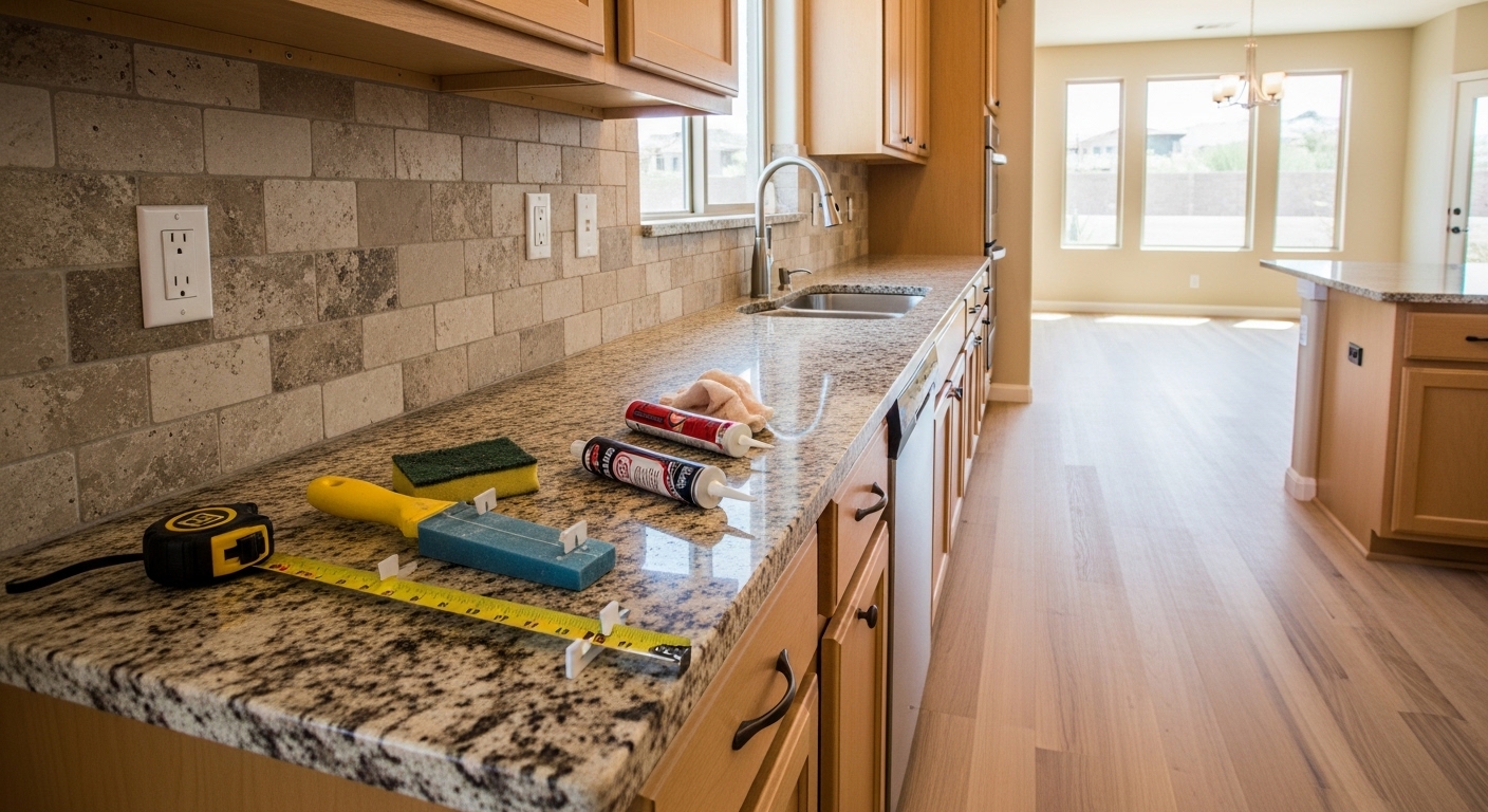 Kitchen remodeling showing new backsplash and flooring installation in Tucson