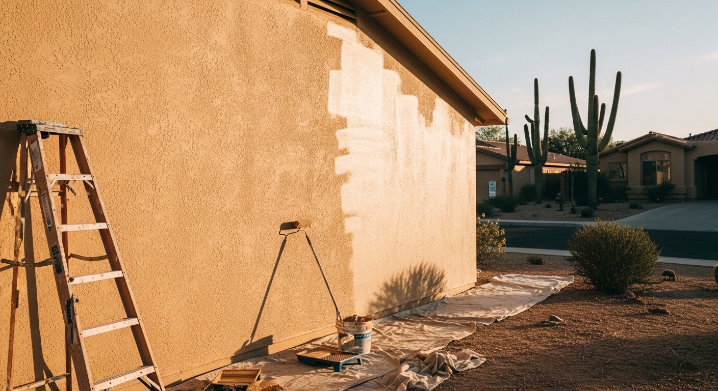 Interior and exterior painting project with stucco repair in Tucson home