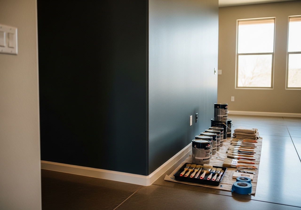 Living room with deep charcoal gray accent wall and neutral painted walls in Marana