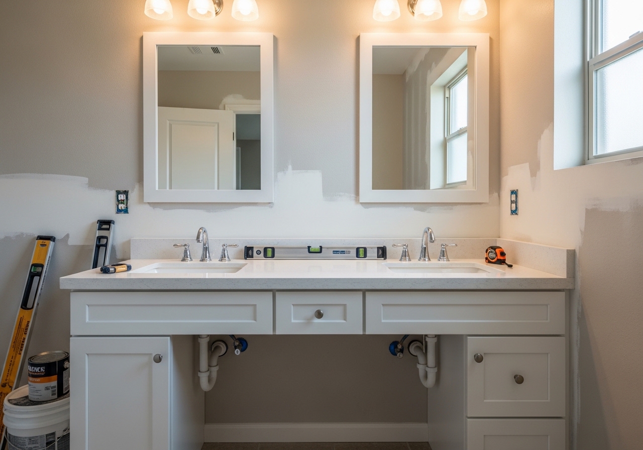 New double-sink vanity with quartz countertop and repaired drywall in Oro Valley bathroom