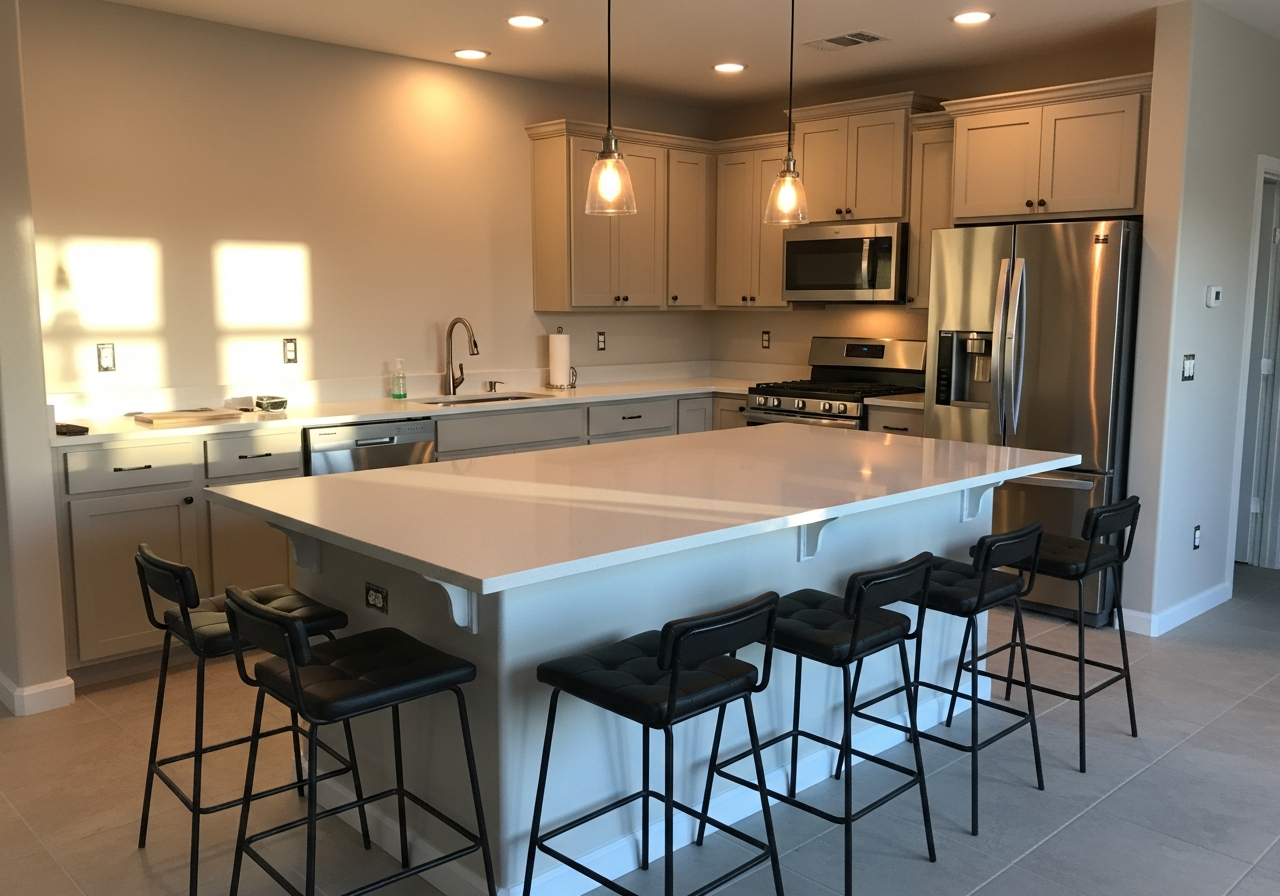 Renovated kitchen with new cabinetry, quartz counters, and center island in Tucson