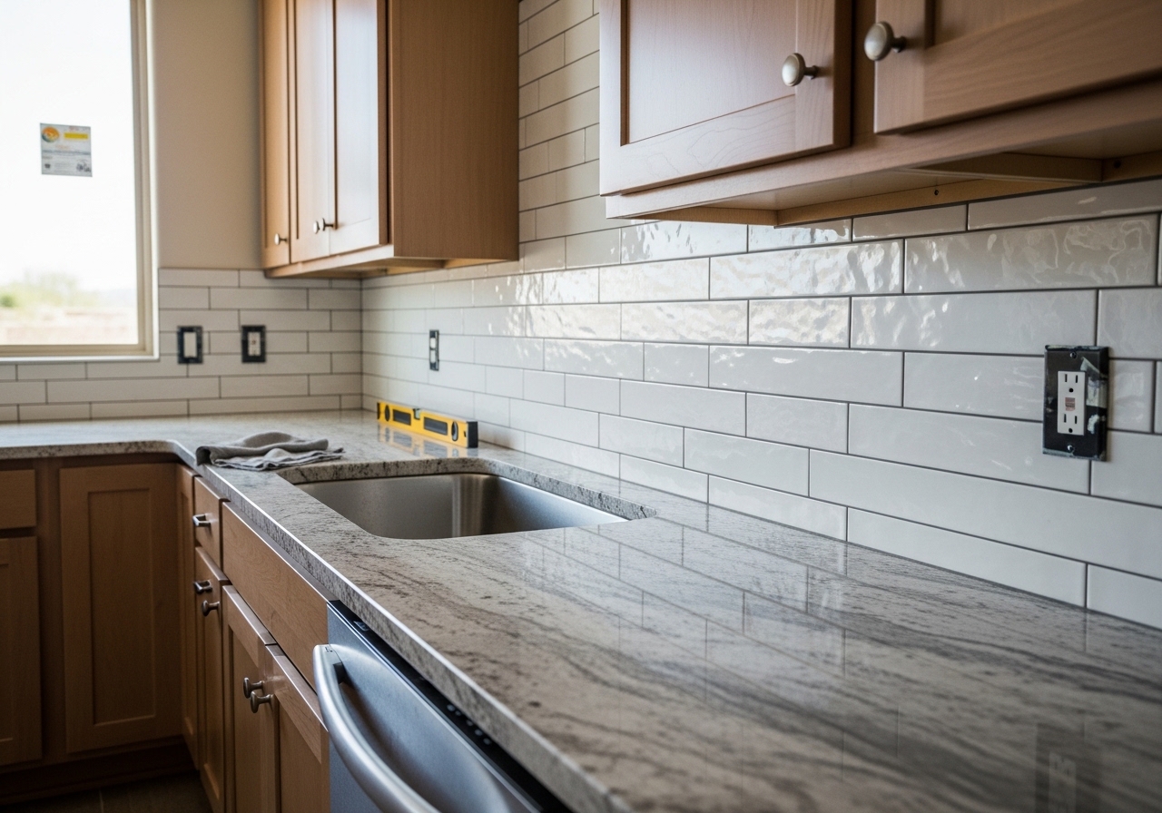 Kitchen with new granite countertops and subway tile backsplash in Marana