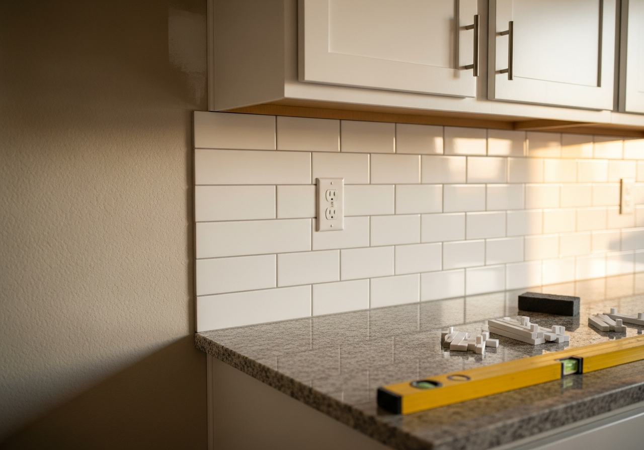 Kitchen with new granite countertops and white subway tile backsplash in Marana