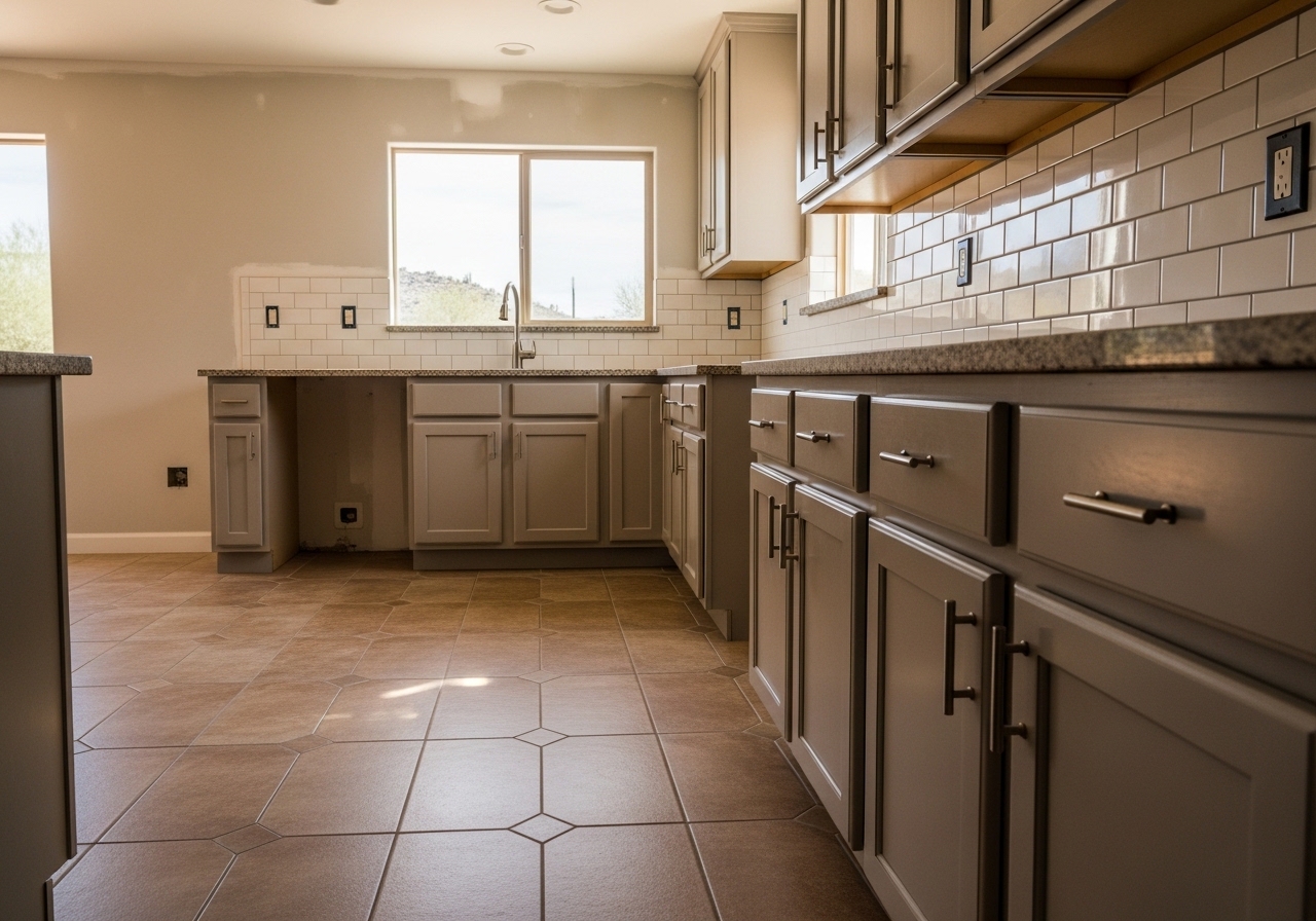 Updated kitchen with porcelain tile flooring, granite counters, and subway tile backsplash in Tucson