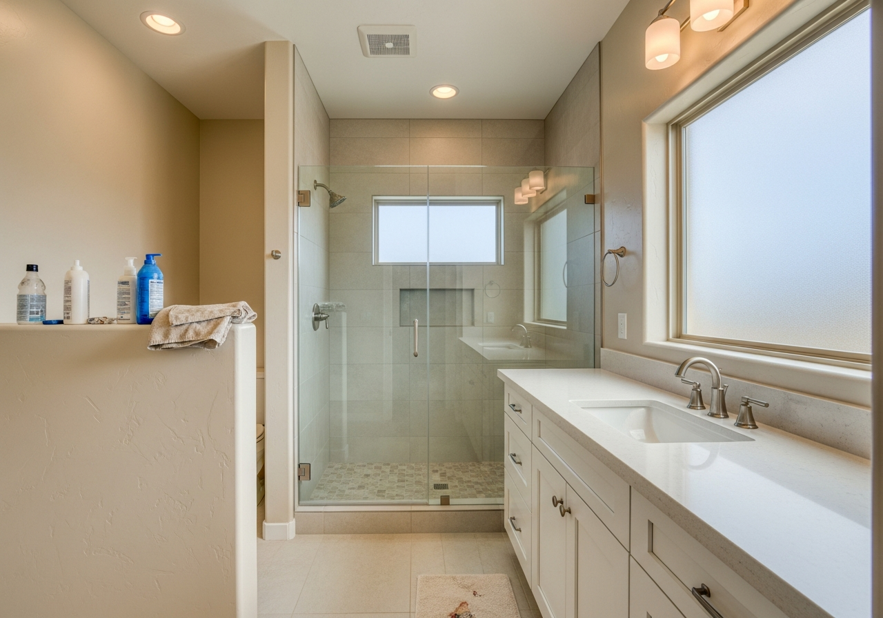 Modern bathroom with frameless glass walk-in shower, quartz vanity, and heated tile flooring in Tucson