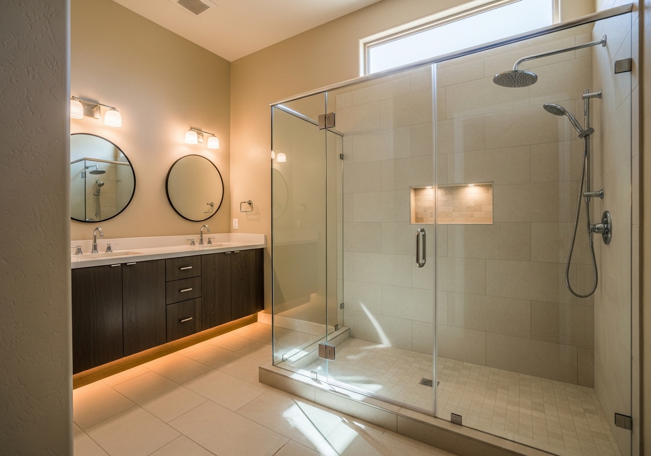 Modern master bathroom with frameless walk-in shower, quartz vanity, and heated floor tile in Tucson