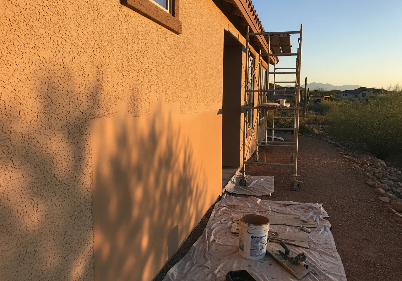 Exterior home with repaired and painted stucco on south-facing wall in Oro Valley