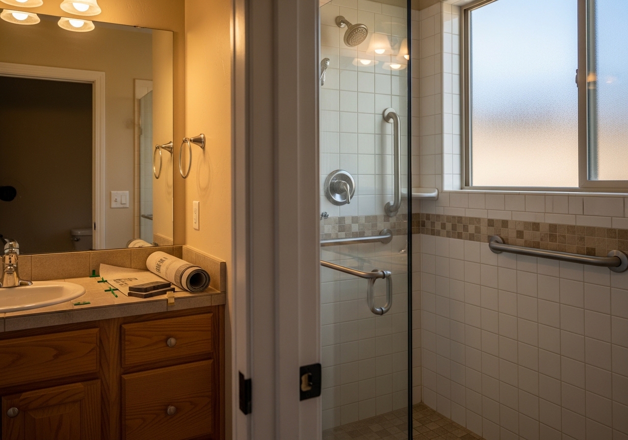 Accessible walk-in shower with ceramic tile and grab bars replacing old bathtub in Oro Valley