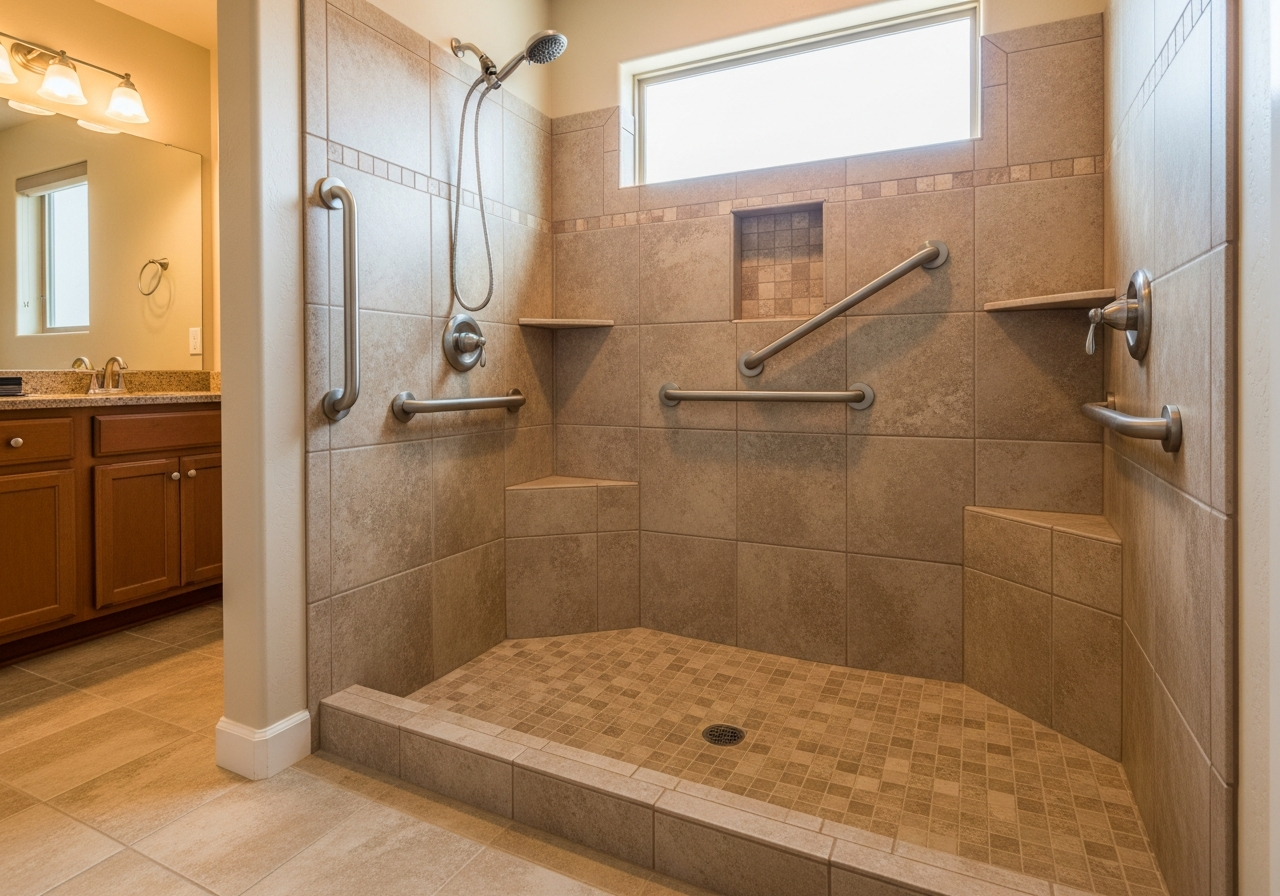 Accessible bathroom shower with tile surround and rainfall showerhead in Oro Valley