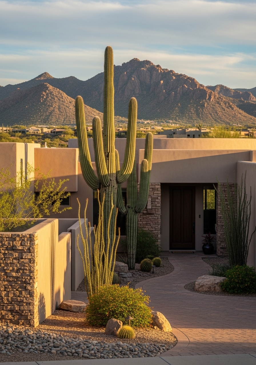 Portrait image of an Oro Valley homeowner standing at their property entrance with foothills and custom home architecture visible.