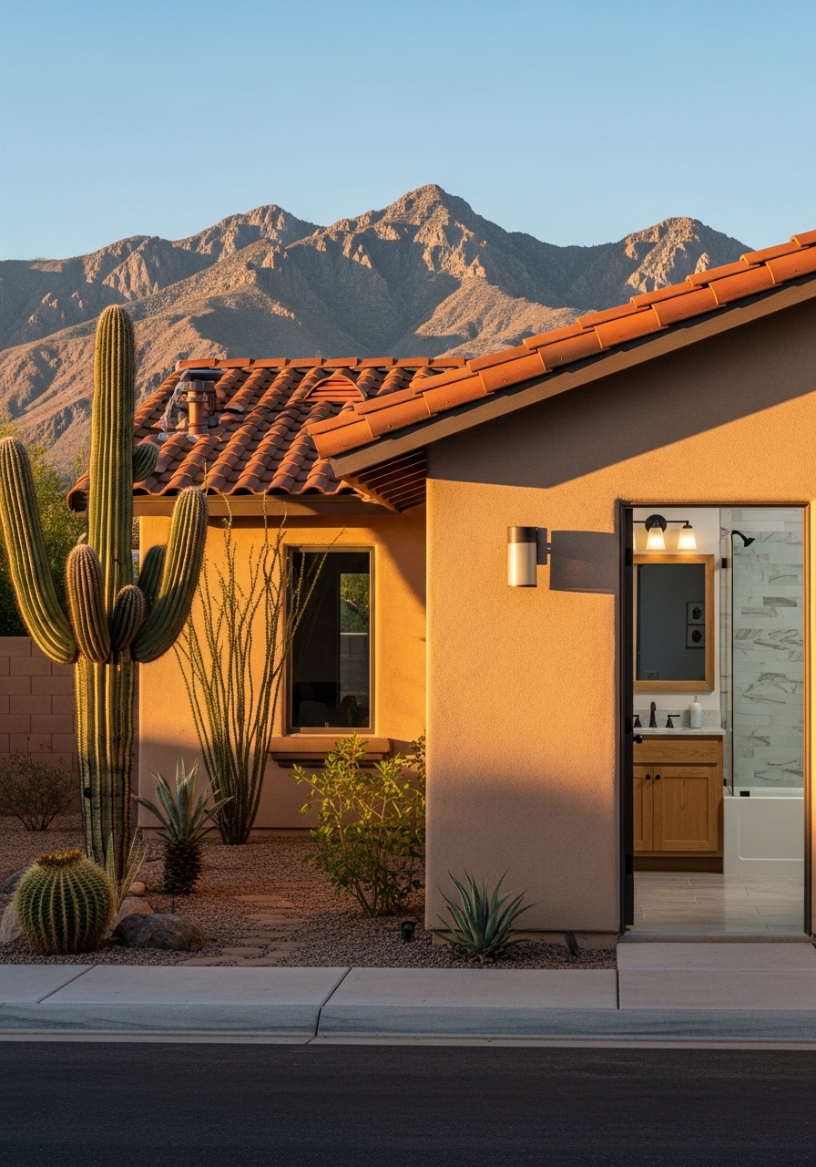 Close-up of a Tucson homeowner standing in front of their property with mountains visible in the background.