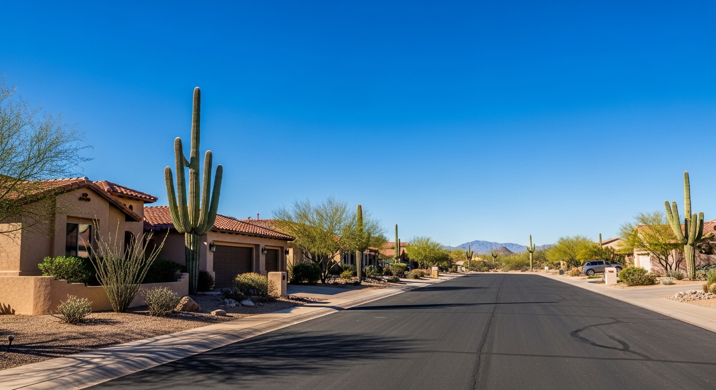 Wide view of a Tucson residential street with desert landscaping, saguaro cacti, and homes with tile roofs under clear blue sky.