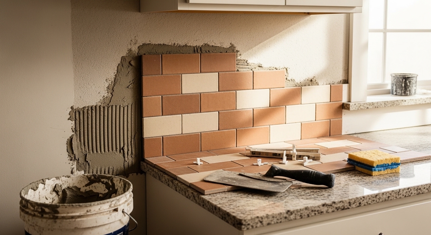 Freshly installed kitchen tile backsplash in a Tucson home, running from the countertop to the upper cabinets with clean grout lines and a desert-toned color palette. The tile surrounds the range area and coordinates with light-colored cabinetry typical of Tucson kitchen remodels.