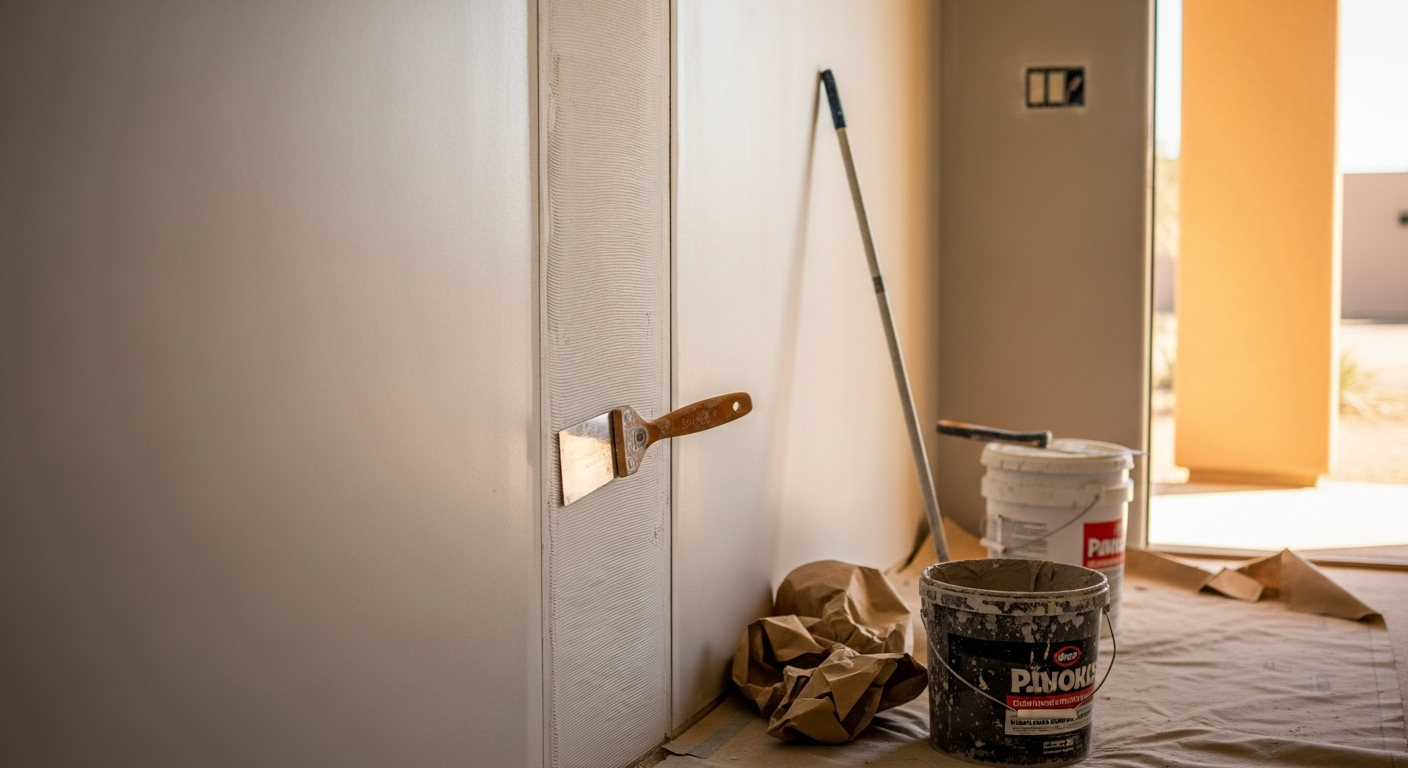 A freshly finished and textured interior wall in a Tucson, AZ home after drywall repair, showing a smooth, paint-ready surface with no visible seams or patches. The room reflects a typical Tucson residential remodel with clean corners and consistent wall texture throughout.