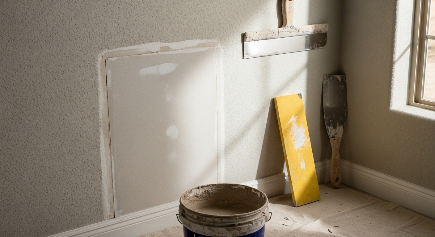 A freshly repaired and texture-matched interior wall in a Tucson, AZ home, showing a smooth seamless finish ready for paint. The repair covers a previously damaged section near a doorway in a residential living area.