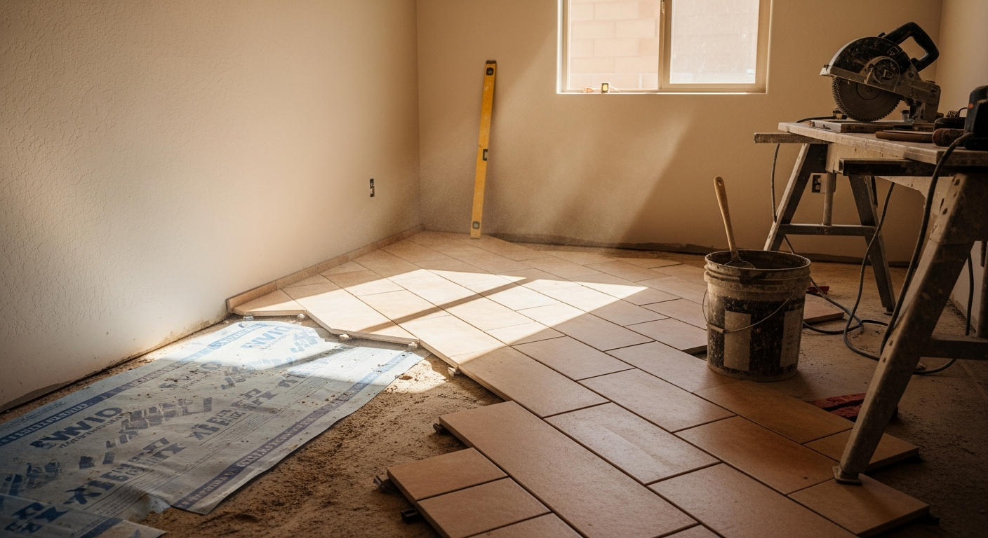 Newly installed tile flooring in a Tucson, AZ home with clean grout lines and a warm desert-toned finish. A general contractor from AZ Bath and Build completes trim work along the baseboard in a slab-foundation living room.