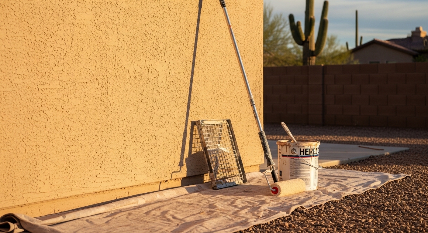 Freshly painted tan stucco exterior of a single-story Tucson, AZ home with clean trim lines and desert landscaping in the foreground. Interior view of a bright Tucson living room with smooth, evenly painted walls in a warm neutral tone.