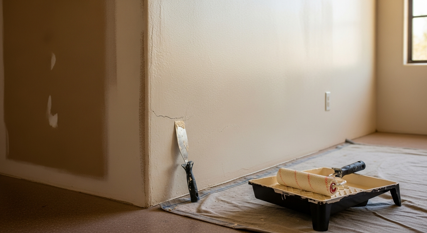 Freshly painted interior living room walls in a Tucson, AZ home with clean trim lines and an even matte finish. The room shows smooth coverage on plaster walls typical of midcentury Tucson residential construction.