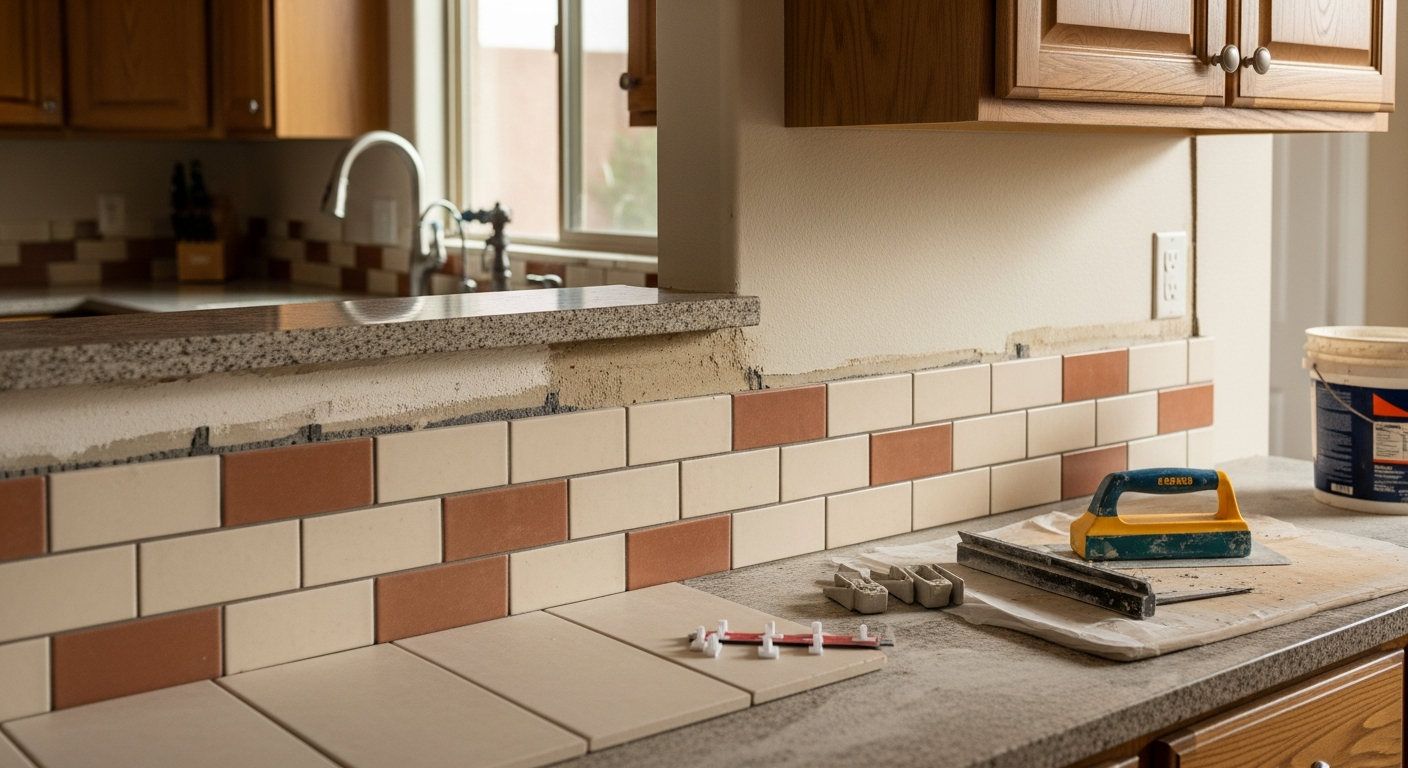 Freshly installed kitchen backsplash in a Tucson home, featuring earthy-toned tile set from countertop to upper cabinets with clean grout lines. The backsplash runs behind a gas range in an open-concept kitchen with warm neutral cabinetry.