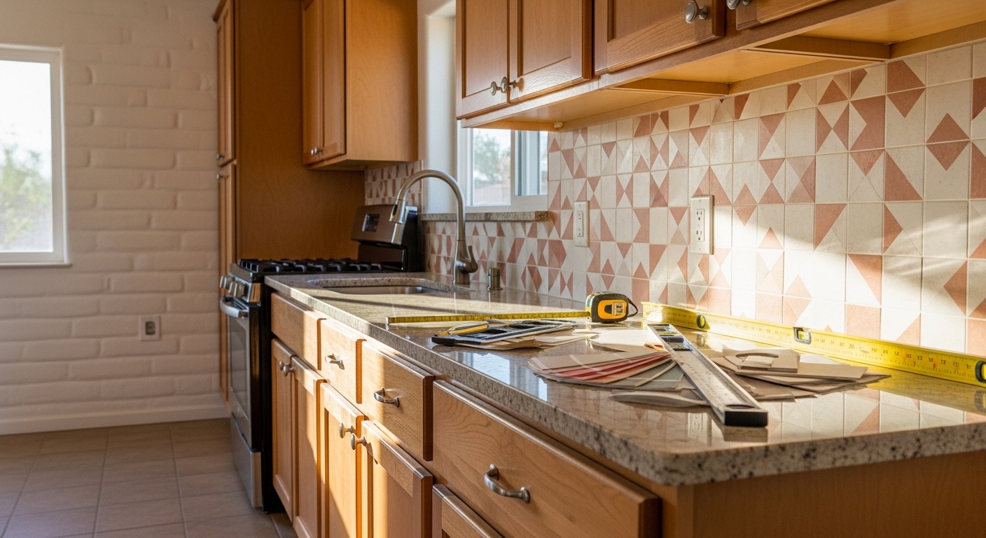 Remodeled kitchen interior in a Tucson, AZ home featuring updated cabinetry, new countertops, and desert-toned finishes. The space reflects a Southwestern design aesthetic common in Tucson ranch and adobe-style residences.