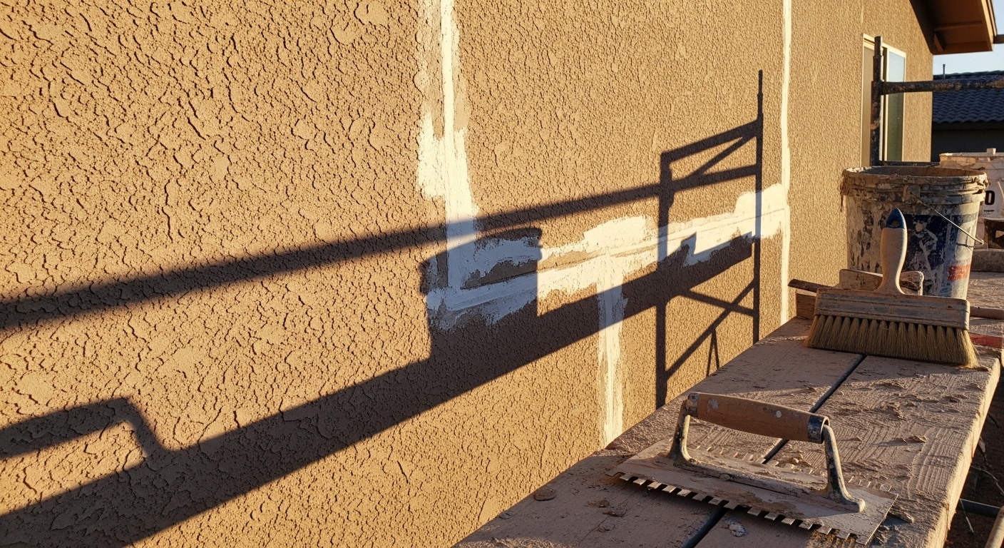 Close-up of a freshly repaired and finished stucco exterior wall on a Tucson, AZ home, showing smooth texture and consistent earth-tone color. The repaired section blends seamlessly with the surrounding original stucco surface.