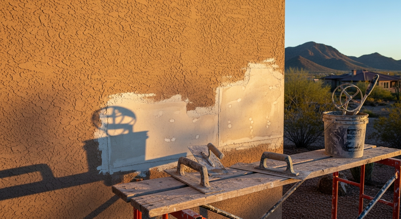 Close-up of a repaired stucco exterior wall on a Tucson home, showing a smooth, color-matched patch blending with the surrounding desert-tone finish. The repaired section covers a previously cracked area near a window frame on a southwest-facing wall.